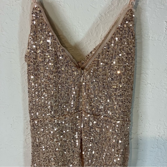 LULU’S Glamorous Arrival Rose Gold Sequin Midi Tulip Dress - Picture 9 of 13